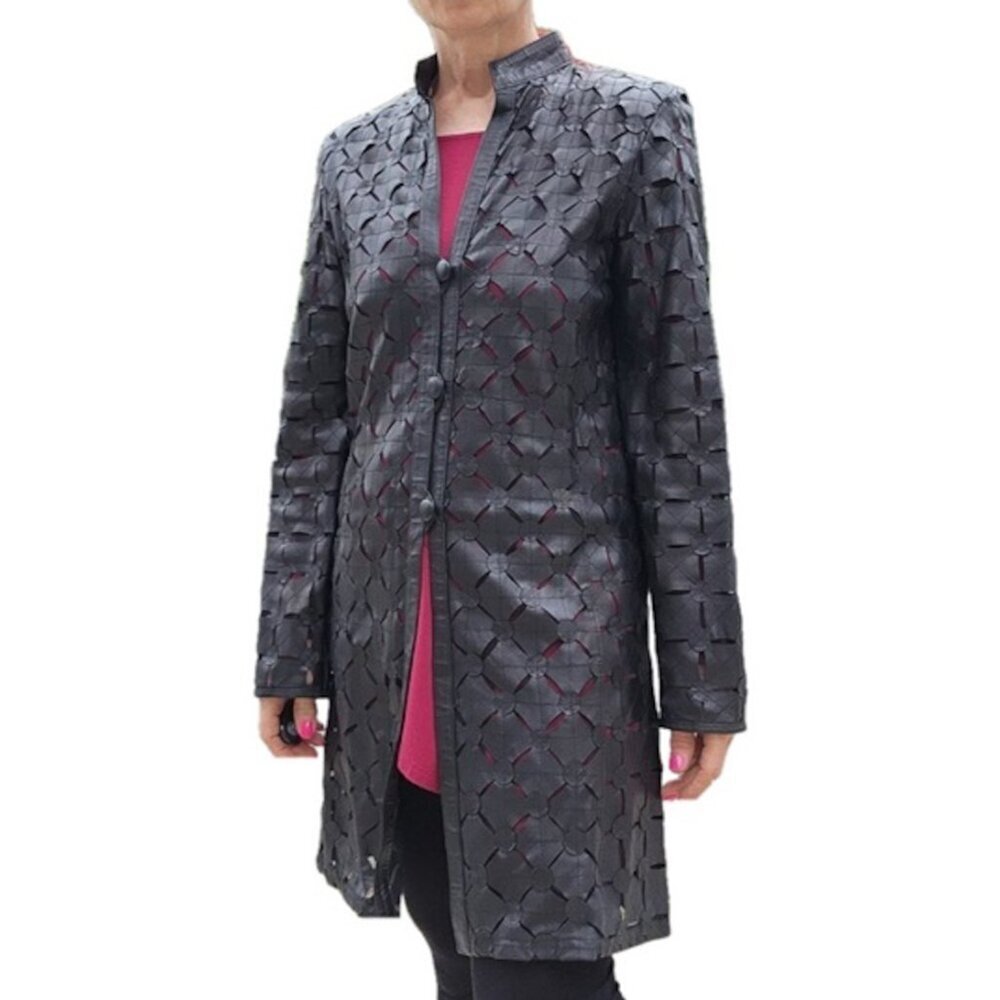BARCELINO Vintage Genuine Lamb Cut Out Black Jacket Trench Coat‎